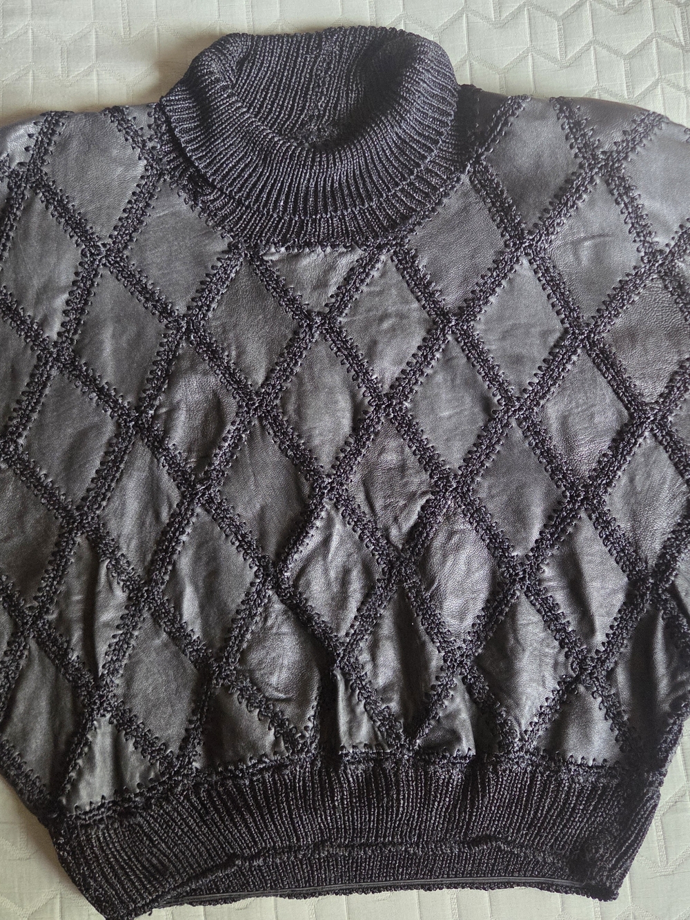 Vintage Black Leather Batwing Sweater | Handmade Artisan Dolman Top M - Picture 4 of 11